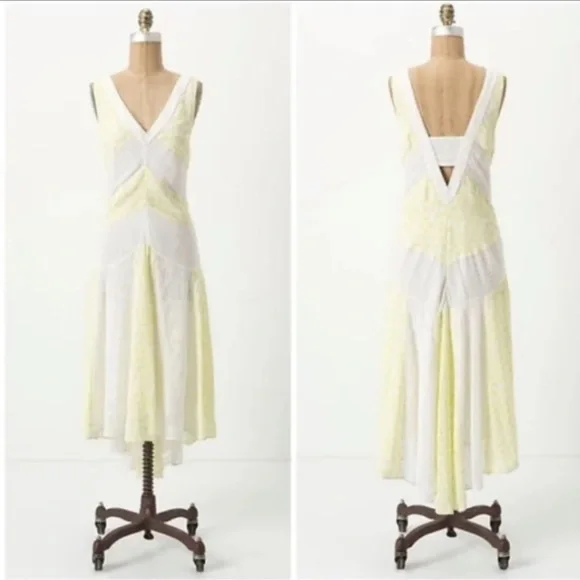 ANTHROPOLOGIE LEIFNOTES Yellow Bird Print Midi Patchwork Eyelet Lace Boho Dress - Picture 1 of 13